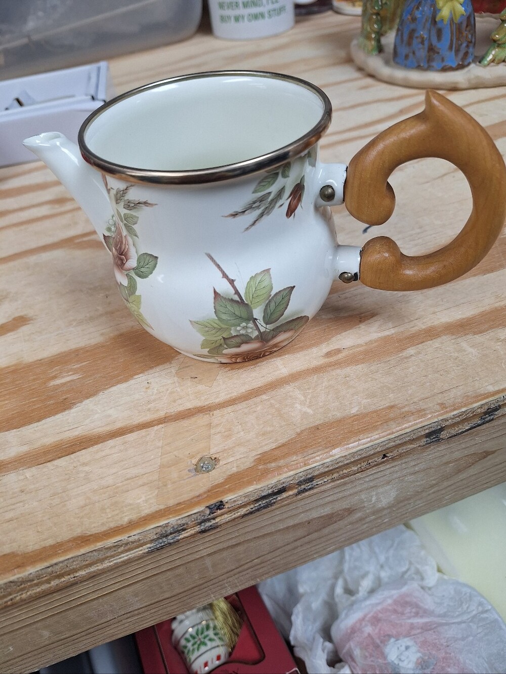 MacKenzie-Childs White Teapot with Pink Rose and Green Leaves. No Lid